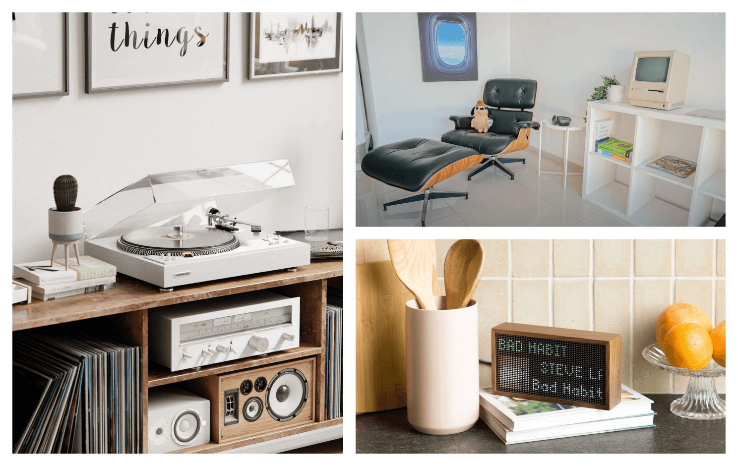 Grid of three homes with retro gadgets for contrast: a vinyl player, radio, and an old Macintosh computer.