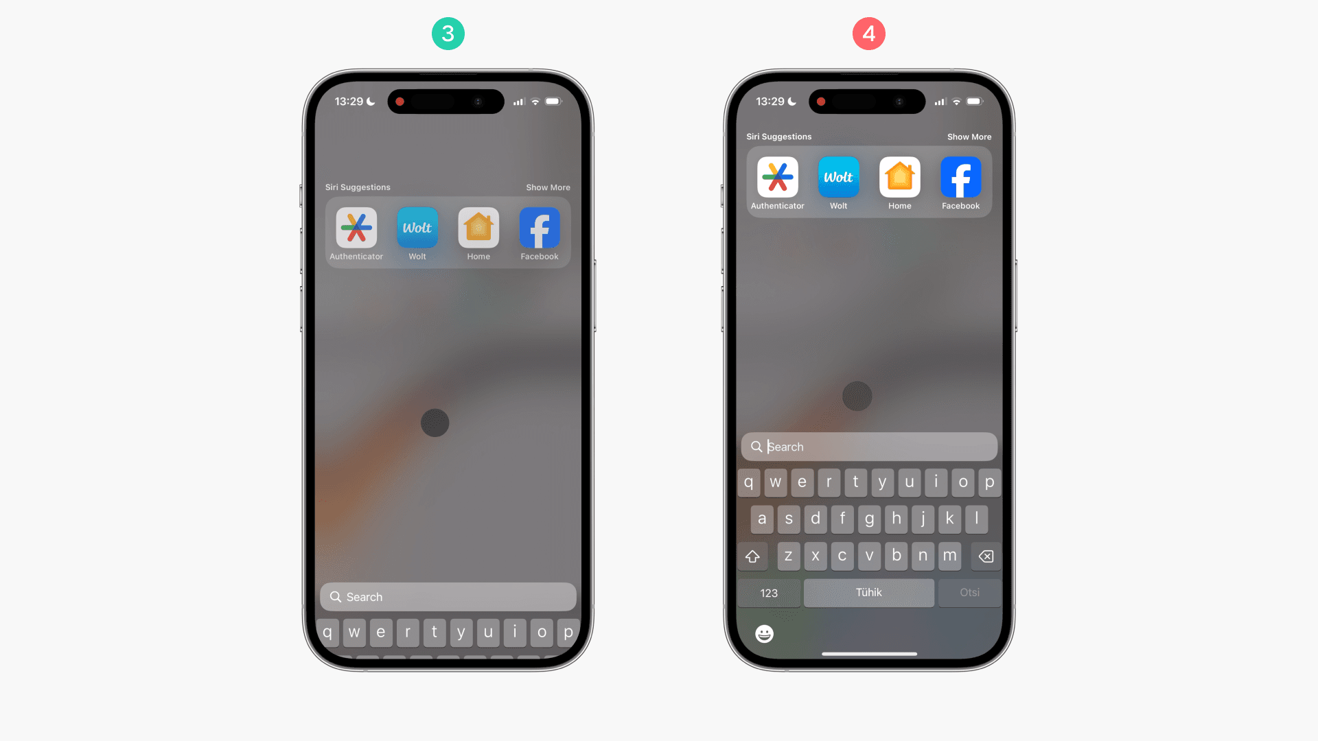 Third and fourth states are displayed in iPhone frames, illustrating that the keyboard does not pop up fully before completely revealing the Siri suggested apps.