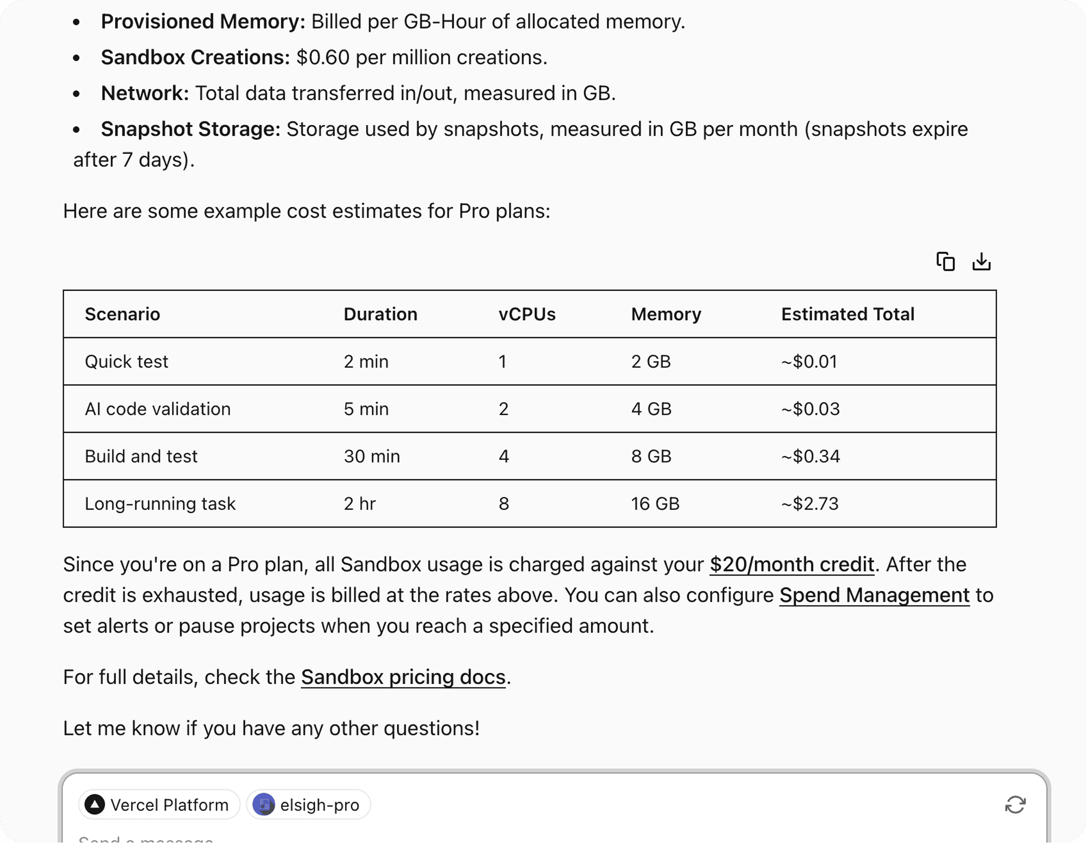 Long answer from a chat agent, with a textarea at the bottom of the screen