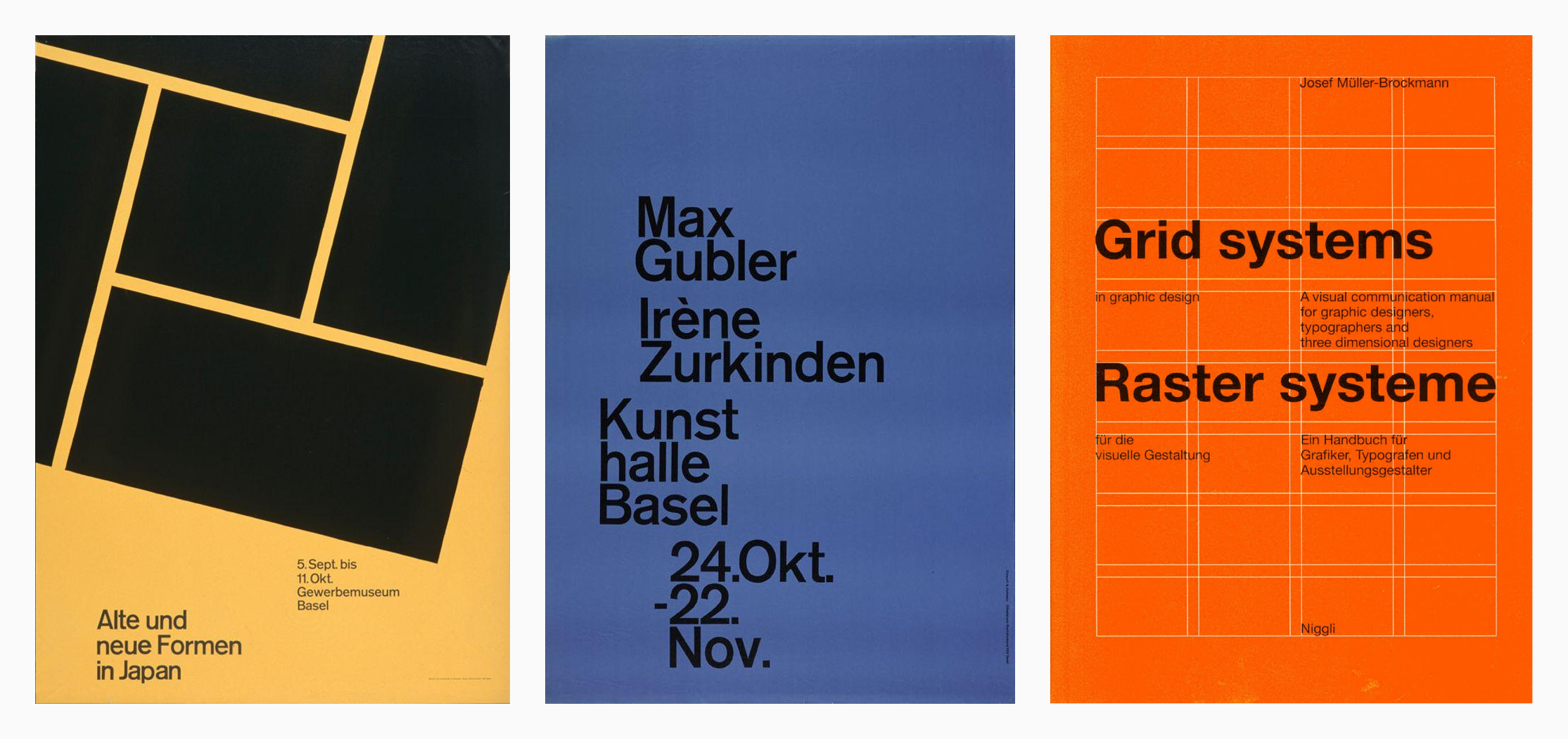 Three Swiss design posters with grids, big typography, and blocks.