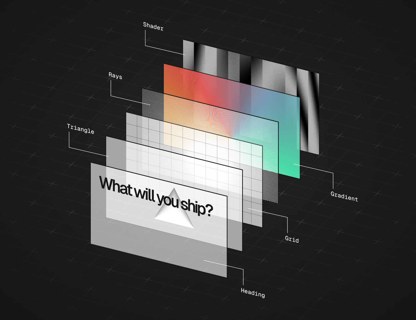 6 stacked layers of an interface are placed on a 3D plane at a 14 degree angle: shader, gradient, rays, grid, triangle, and heading.