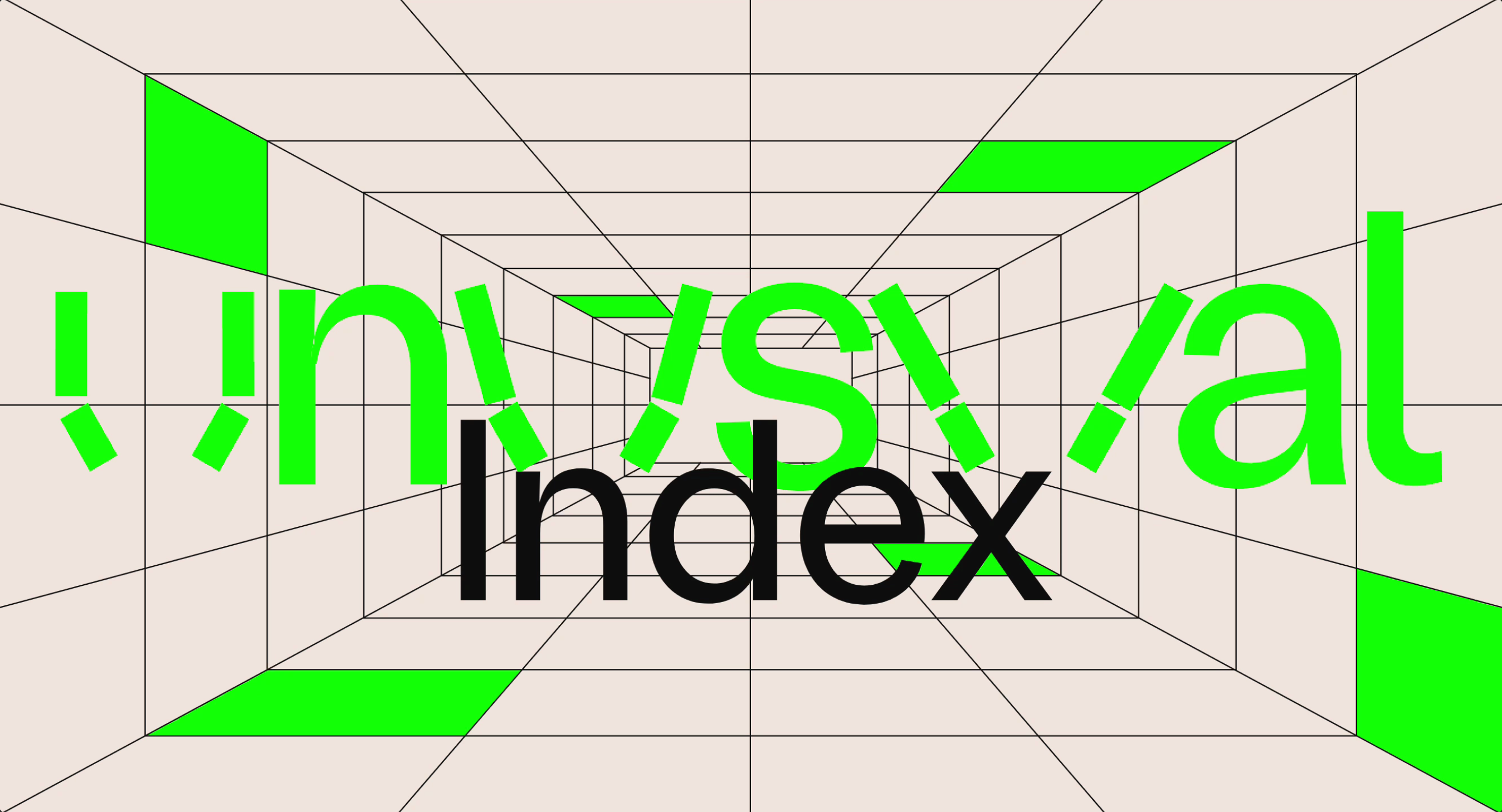 "Unusual Index" is centered on a 3D tunnel perspective. Some cells on the grid are green. Wireframe style.