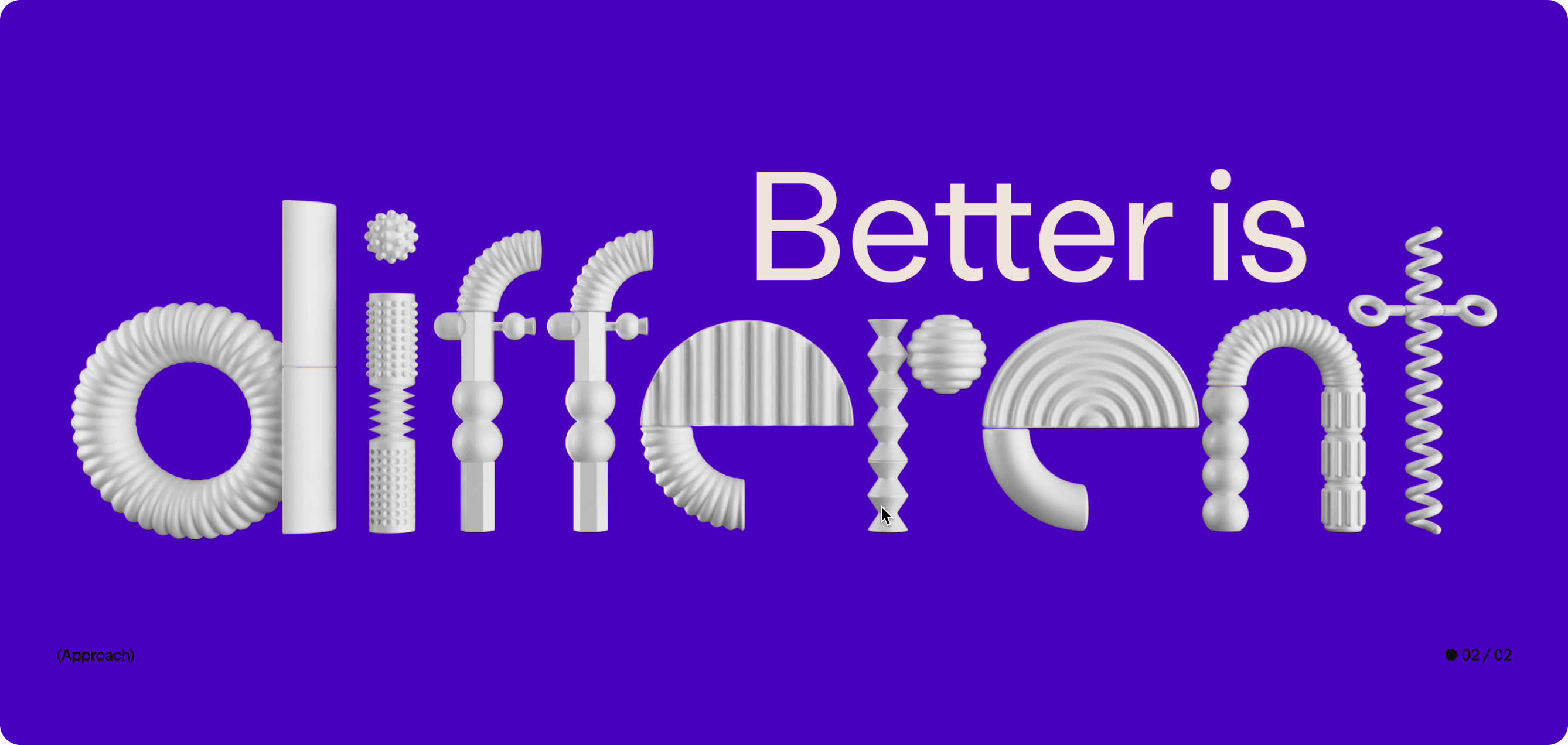 The word "different" is constructed of soft, white 3D shapes on a purple background